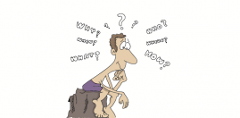 A cartoon character sitting on a rock with a puzzled expression, surrounded by question marks that read "Why? Who? What? How?", illustrating themes of confusion and inquiry, relevant to Spanish interrogatives.