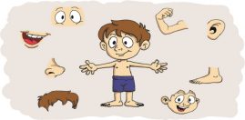 A cartoon illustration of a boy with various body parts depicted separately around him, including eyes, ears, a nose, mouth, arms, and feet. The boy has a cheerful expression and is wearing blue shorts.