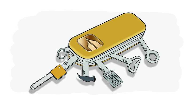 Image of a gold multi-purpose tool with the BaseLang logo on it