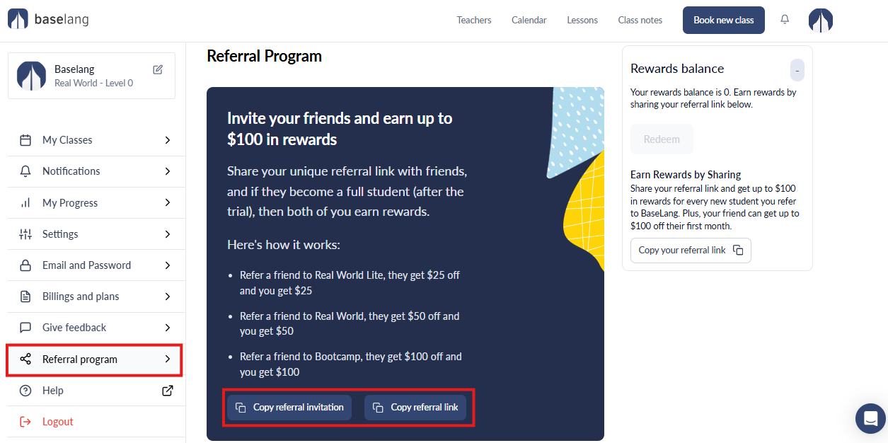 User interface of a referral program on a website, showing options to copy a referral link and invitation. The program outlines potential rewards for inviting friends to different plans.