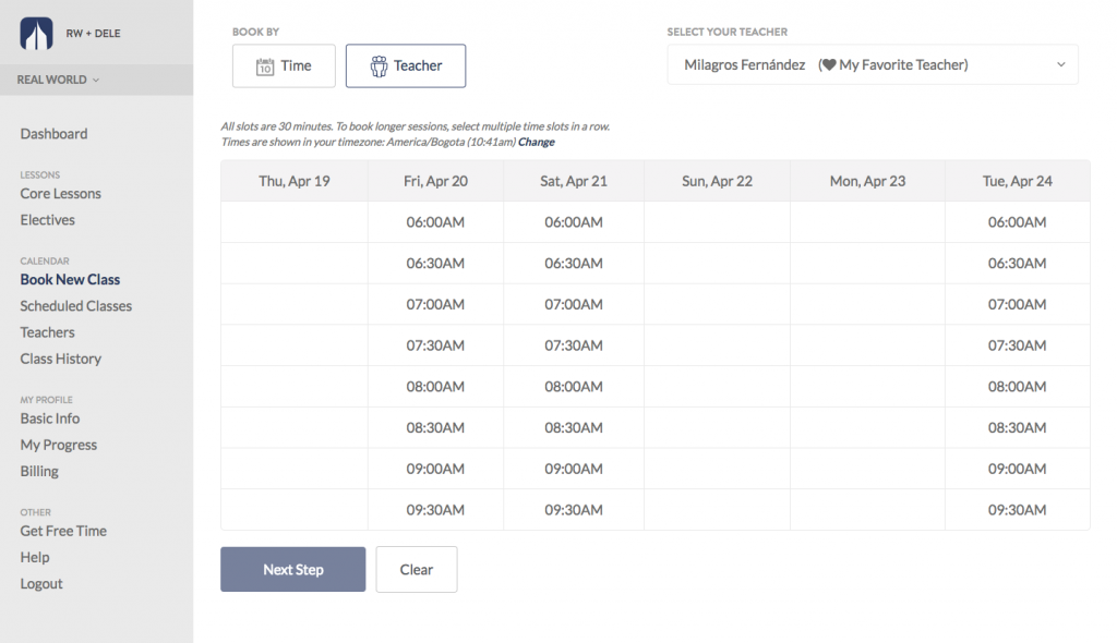 Screenshot of booking with your favorite teacher on the BaseLang platform