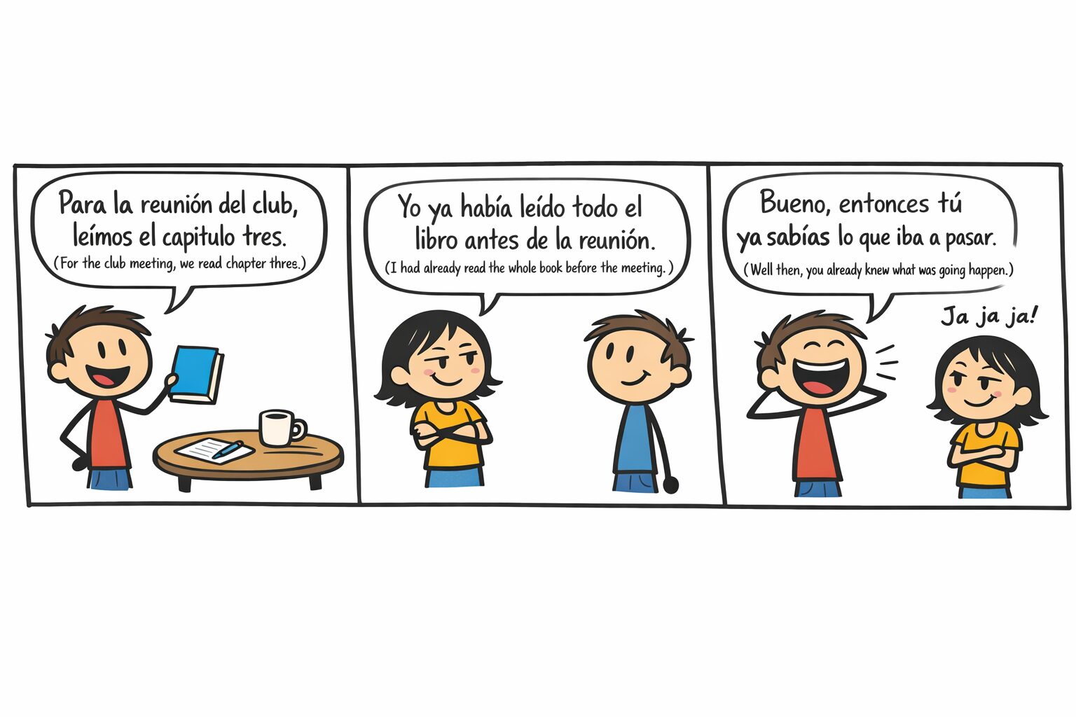 A comic strip showing two characters discussing a book club meeting. The first character holds a book, while the second shares that they had read it before the meeting. The third character laughs, implying they knew what would happen. The image links to Past Perfect Spanish.