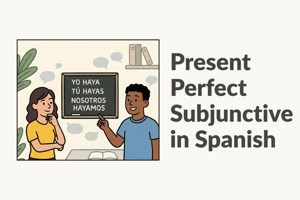 A man pointing at a chalkboard with Spanish phrases, explaining the Present Perfect Subjunctive. A woman stands beside him, thinking, with greenery in the background, creating a classroom-like setting.