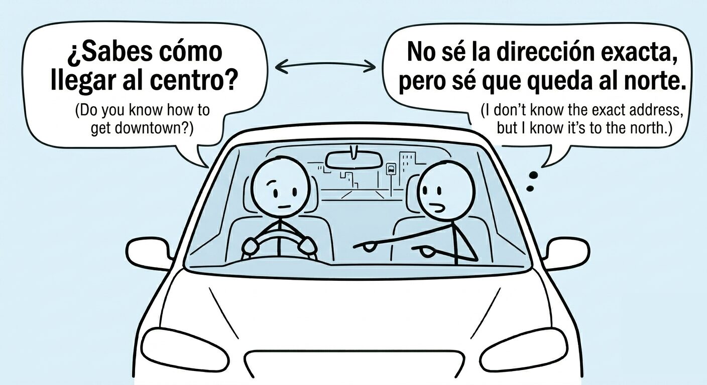 A car interior showing two stick figure characters. One character asks, "¿Sabes cómo llegar al centro?" (Do you know how to get downtown?) while the other replies, "No sé la dirección exacta, pero sé que queda al norte" (I don't know the exact address, but I know it's to the north). The dialogue illustrates the difference between "Saber vs Conocer".