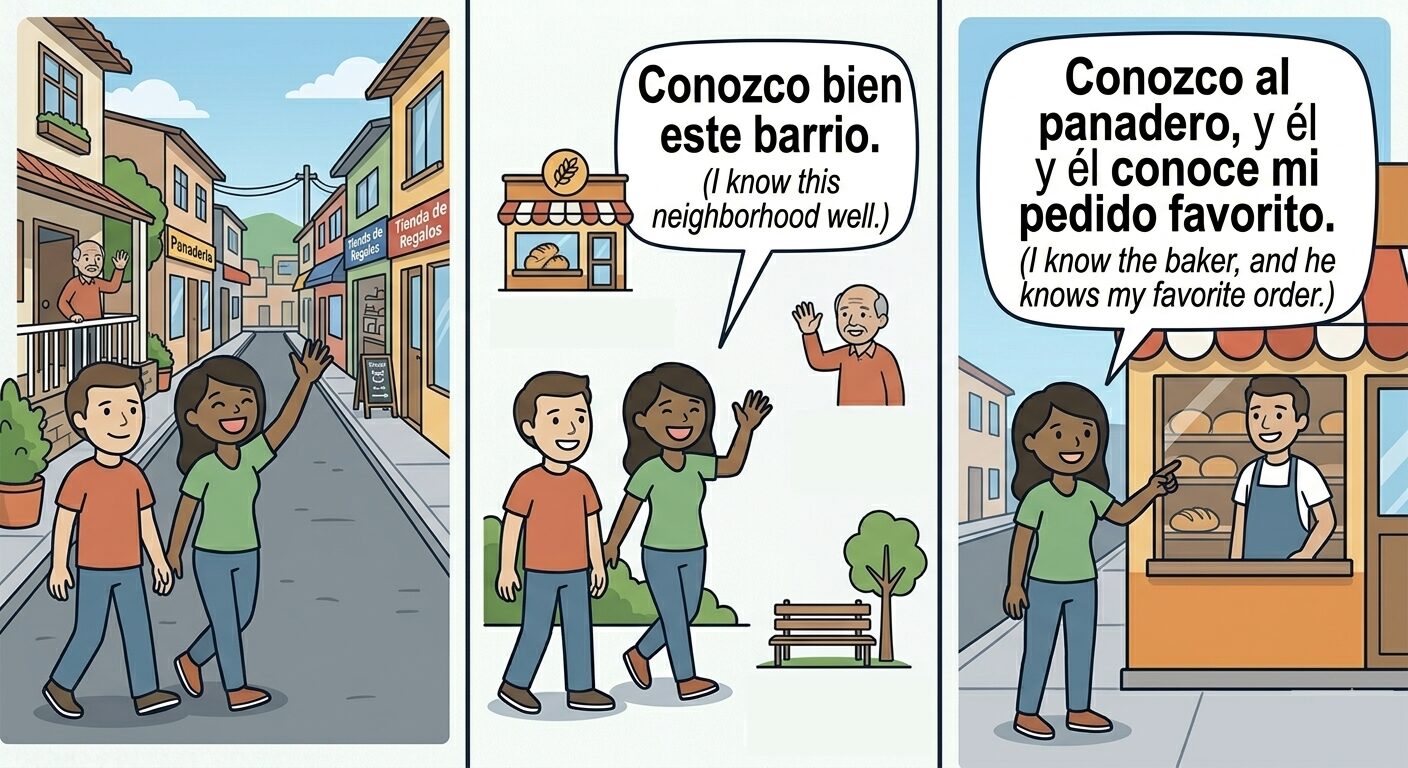 An illustration showing three panels. The first panel features two people walking on a street lined with colorful houses. The second panel shows them discussing their familiarity with the neighborhood. The third panel highlights a conversation about knowing the local baker and favorite orders, emphasizing the difference between "Saber vs Conocer."