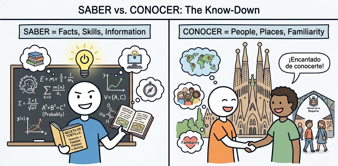 An infographic comparing "Saber" and "Conocer." The left side depicts "Saber" with a person holding a book and equations, representing facts and skills. The right side shows "Conocer" with two people next to a landmark, symbolizing familiarity with people and places.