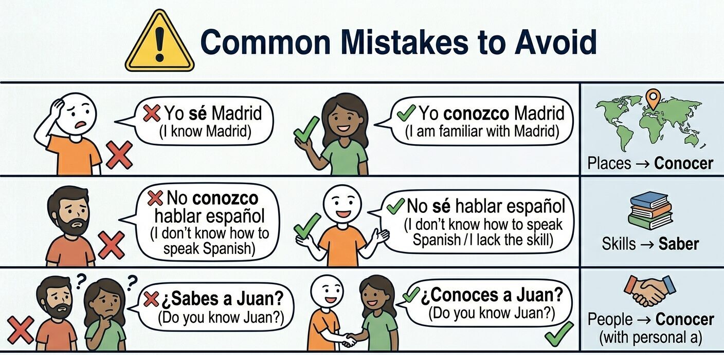 An infographic titled 'Common Mistakes to Avoid' illustrating the differences between 'saber' and 'conocer' in Spanish. It features examples of incorrect and correct usages with cartoon characters discussing places, skills, and people.