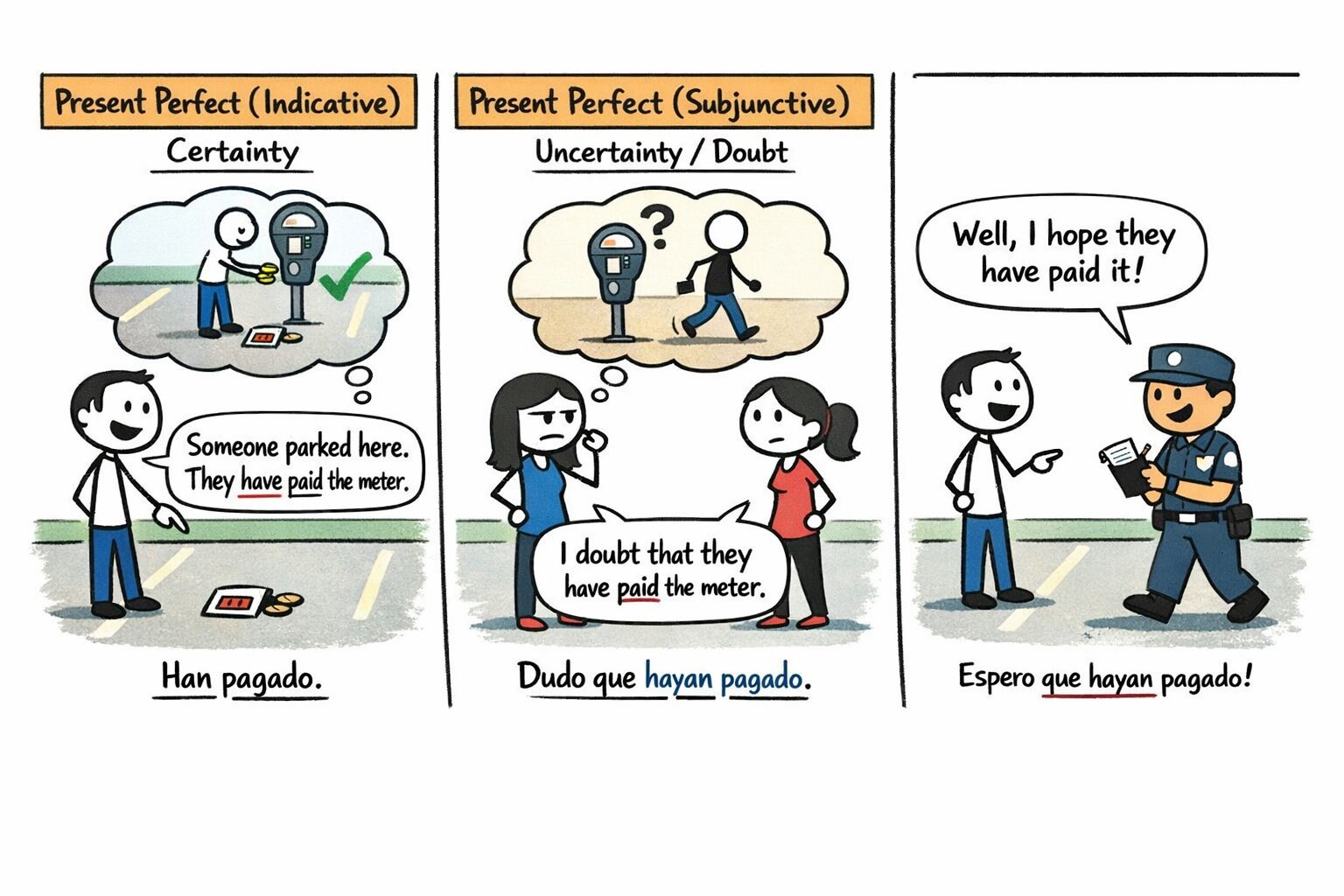 Illustration explaining the Present Perfect Subjunctive in three panels. The first shows a person at a parking meter, indicating certainty. The second depicts doubt about whether the meter is paid. The third features a dialogue with a police officer expressing hope they have paid.