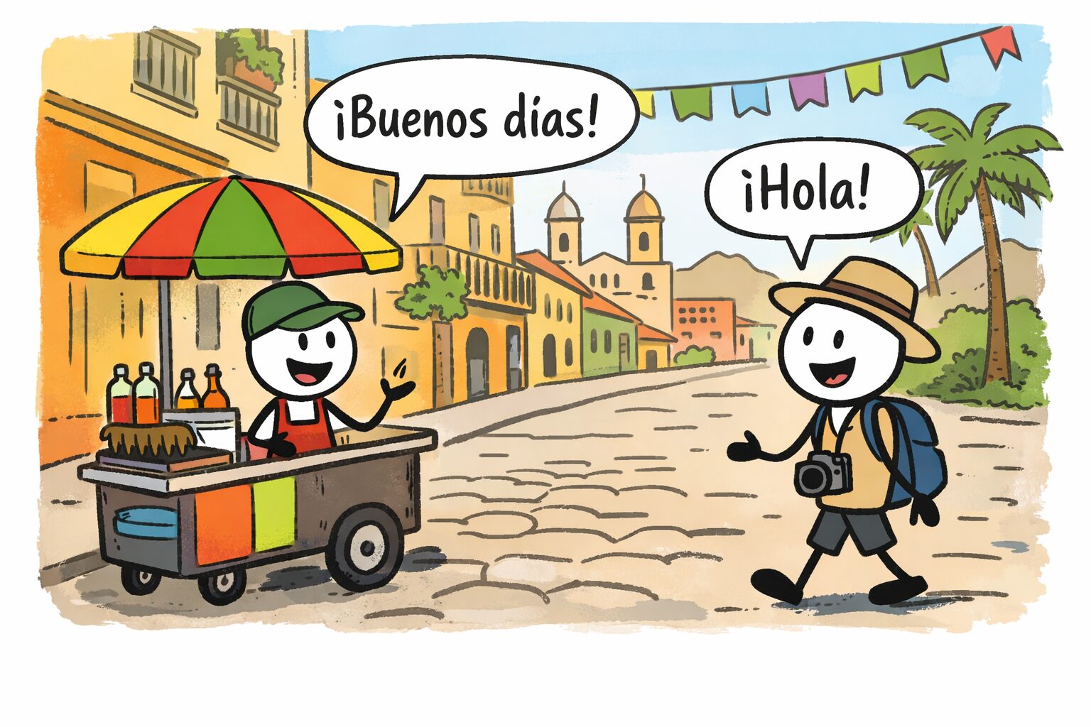 Two cartoon characters interacting in a colorful street scene. One, a vendor at a food cart, greets with "¡Buenos dÃas!". The other, a tourist with a camera, responds with "¡Hola!". Spanish sentences are showcased in a lively atmosphere.