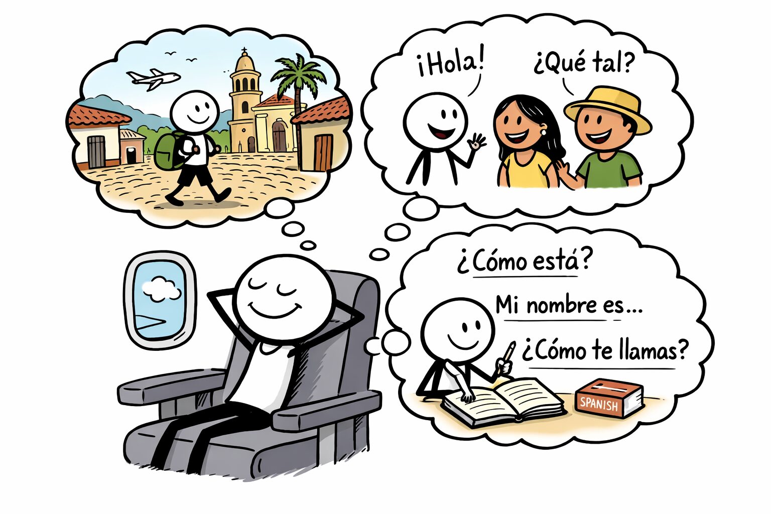 A cartoon image showing a person sitting on a plane, dreaming of visiting a city and speaking with friends. Text bubbles include greetings in Spanish such as "Hola!" and conversation phrases like "¿Cómo te llamas?" conveying a focus on learning Spanish sentences.