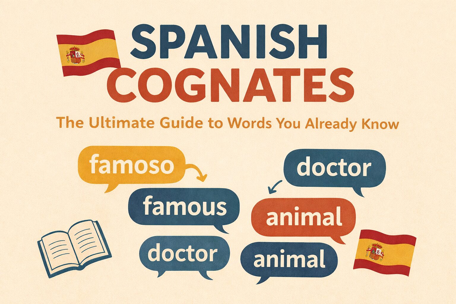 An infographic titled 'Spanish Cognates' featuring the Spanish words 'famoso', 'doctor', and 'animal' alongside their English equivalents. The design includes a book and the Spanish flag, emphasizing vocabulary connection.