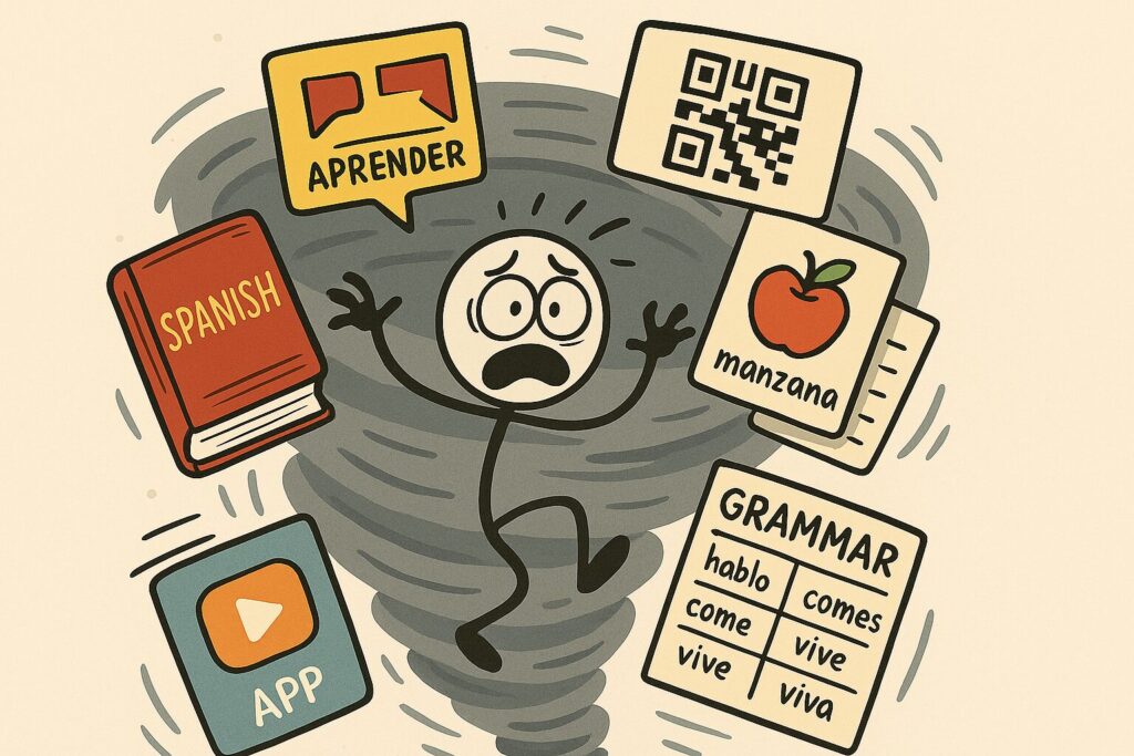 Cartoon of an overwhelmed Spanish learner surrounded by books, apps, and grammar charts