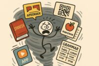 Cartoon of an overwhelmed Spanish learner surrounded by books, apps, and grammar charts
