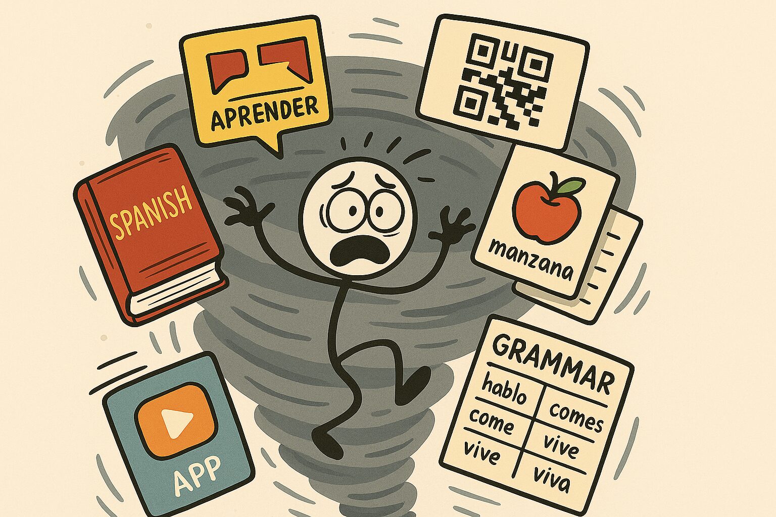A cartoon figure looks overwhelmed in the center, surrounded by floating items related to learning Spanish, including a Spanish book, a grammar sheet, an app symbol, and vocabulary words like 'manzana' with a QR code, depicting the chaos of language learning.