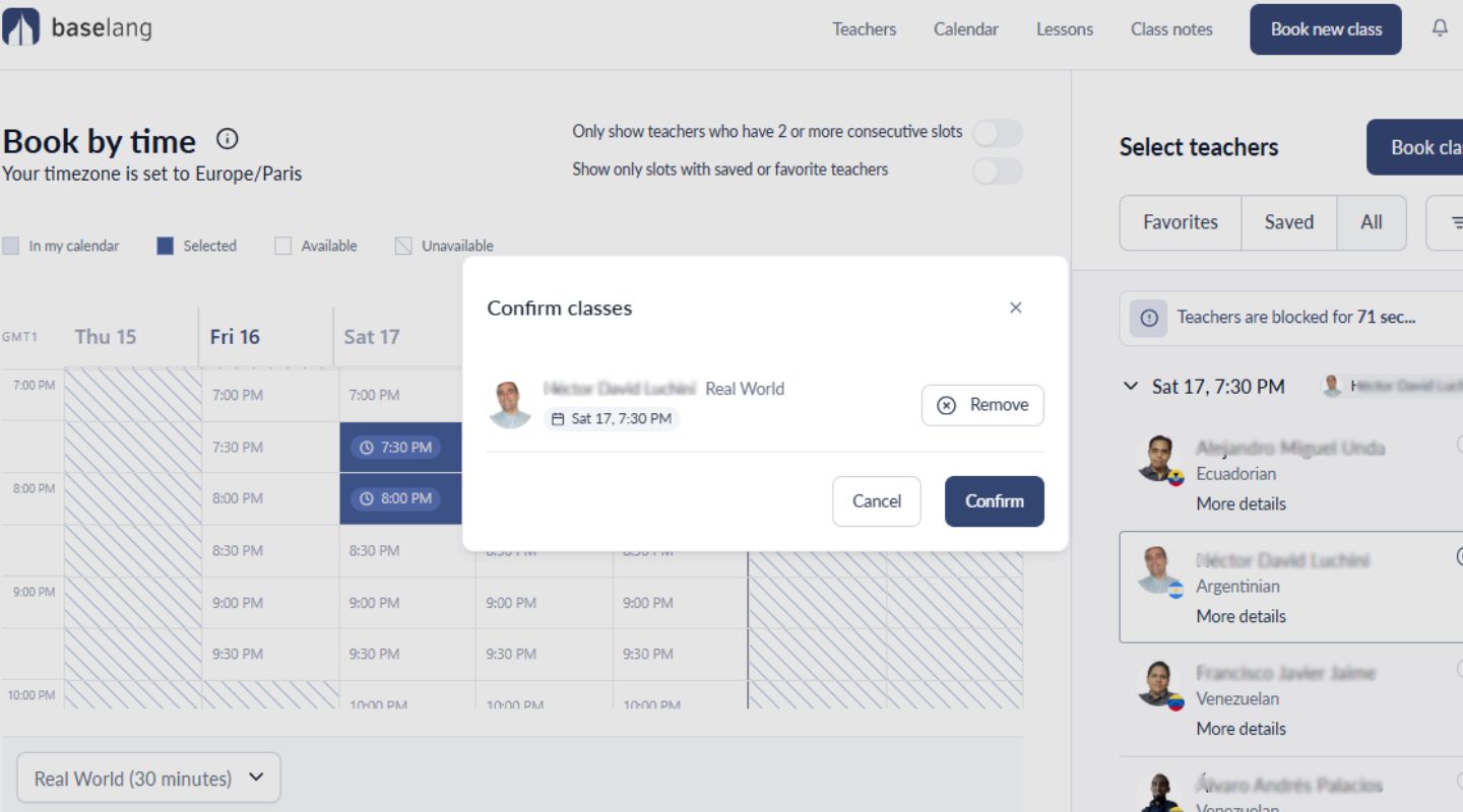 Screenshot of an online scheduling interface for language classes. A calendar shows available time slots for booking on Friday, with a confirmation pop-up for a class titled 'Real World' scheduled for Saturday at 7:30 PM.