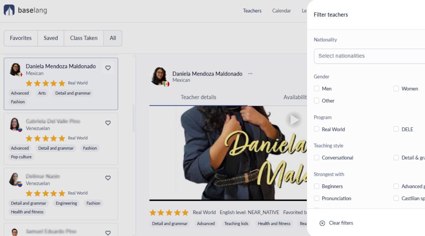 A user interface screenshot from a language learning platform, showing a selection of teachers. It displays a profile for teacher Daniela Mendoza Maldonado with ratings and filters for nationality, gender, teaching style, and student levels.