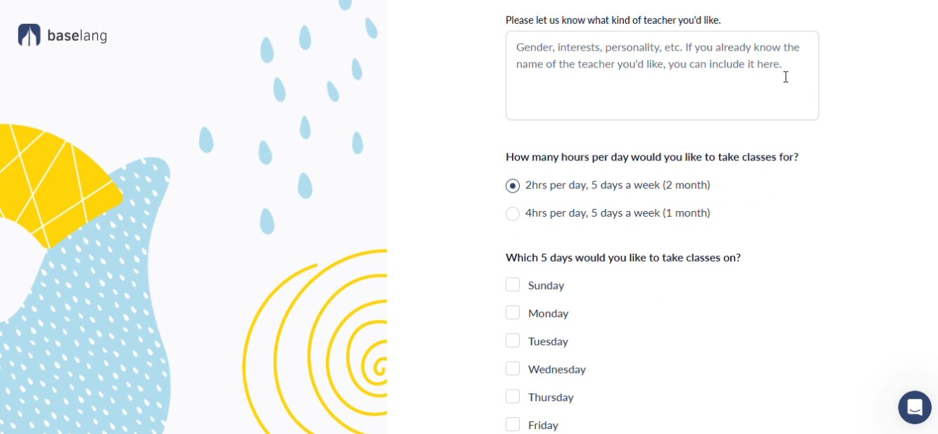 A screenshot of a form from Baselang, featuring colorful abstract shapes and rain patterns. The form includes fields for preferences about a teacher, daily class hours, and selected weekdays for classes.
