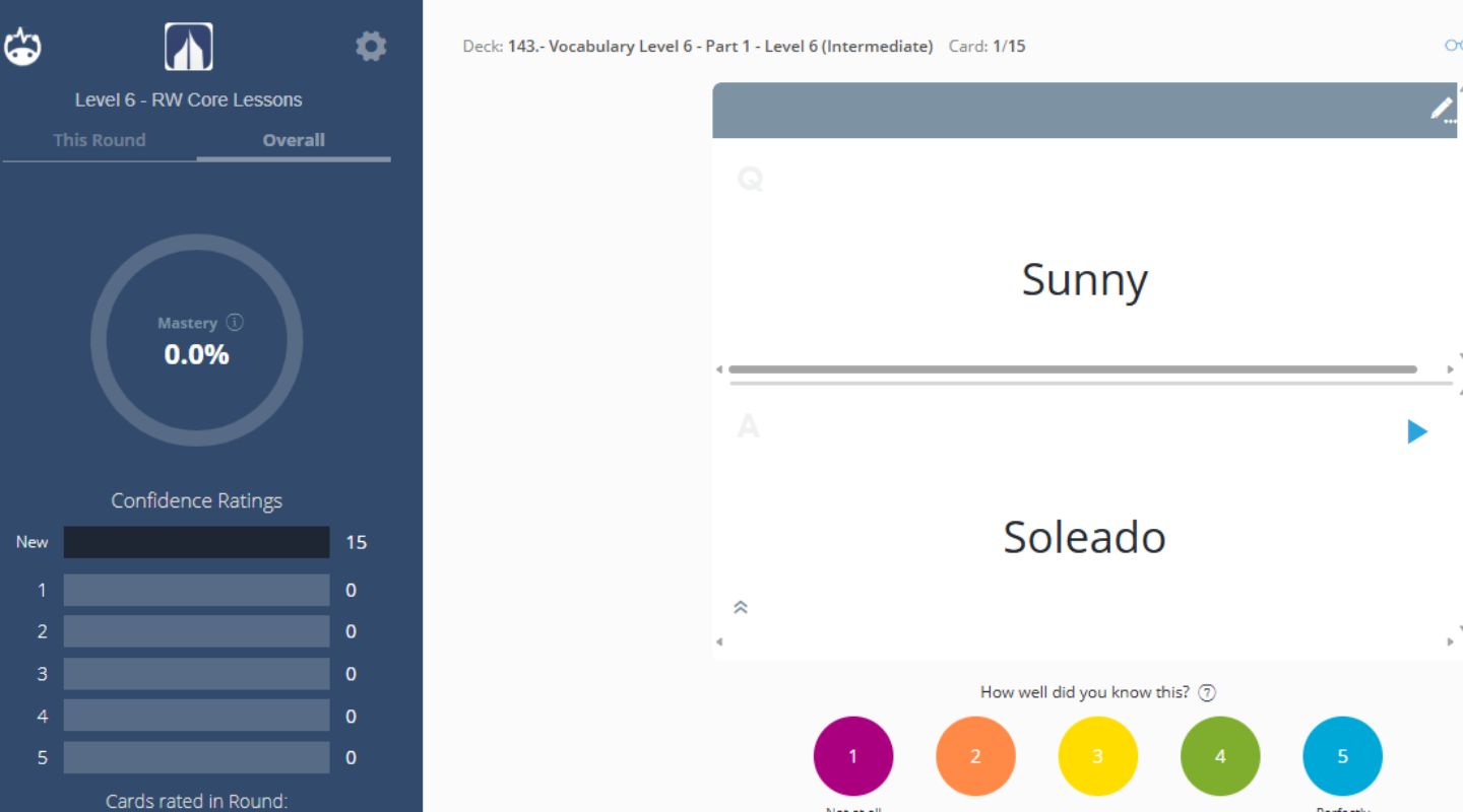A digital flashcard interface displaying the word 'Sunny' and its translation 'Soleado' in the context of vocabulary learning. Confidence rating indicators displayed on the left.
