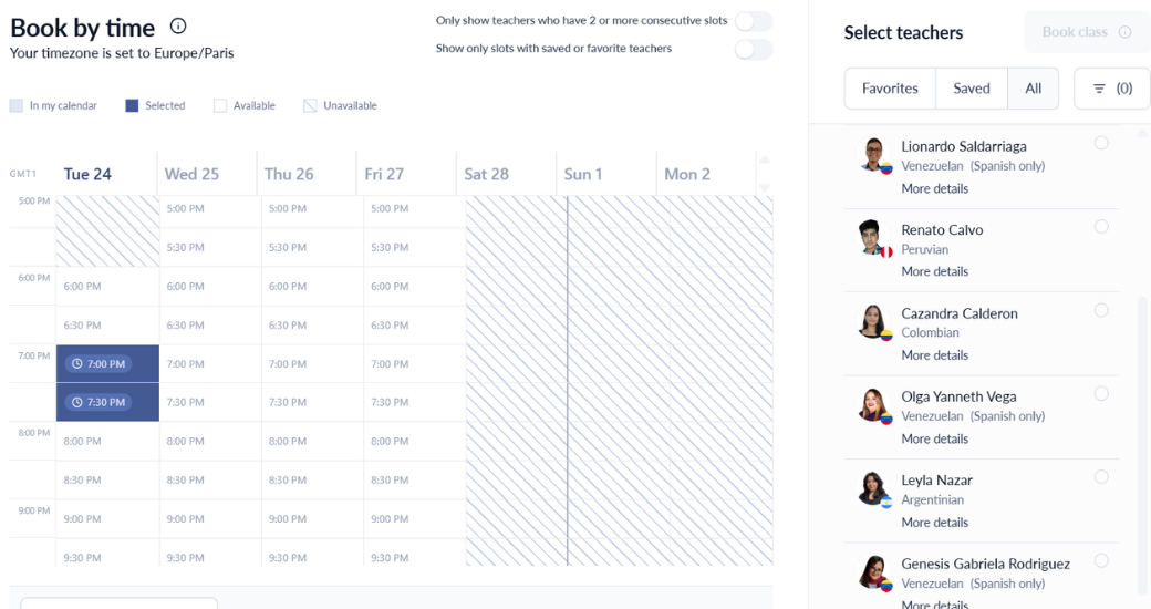 2 A scheduling interface showing time slots for booking lessons. The calendar is set to the timezone Europe/Paris, with selected days and available time slots highlighted in blue. A list of teachers is displayed on the right.