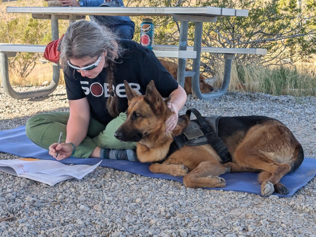 A woman sits cross-legged on a blue mat at an outdoor picnic table, writing in a notebook. A German Shepherd lies beside her, wearing a harness. The scene features a desert environment with sparse greenery.